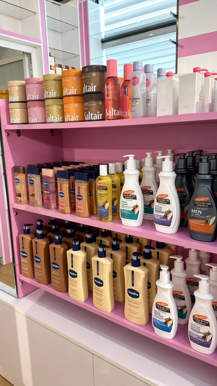 Pink shelves of skincare at Skinlab